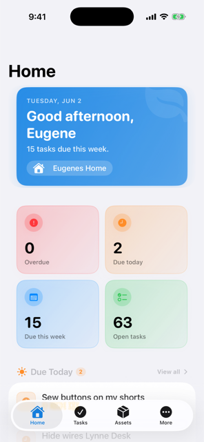 Upkeepify home dashboard on iPhone