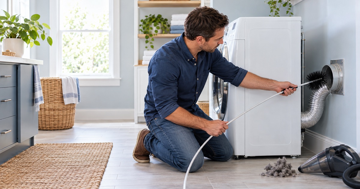 Homeowner cleaning a dryer vent duct with a long vent brush, with a pile of removed lint and a handheld vacuum on the laundry room floor