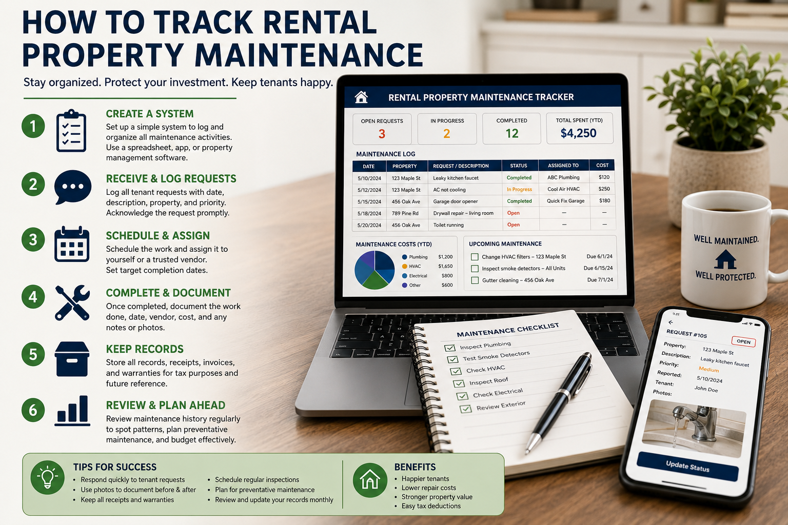 Landlord organizing rental property maintenance records across multiple properties