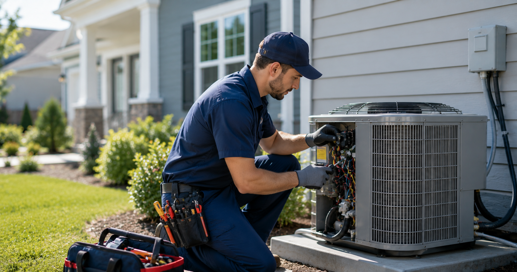 HVAC technician servicing a rental property air conditioning unit