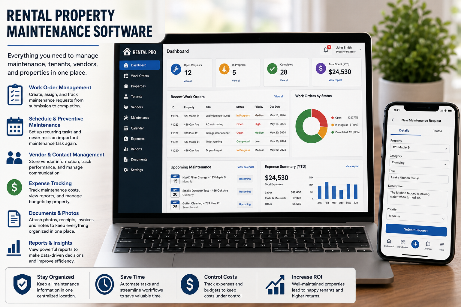 A landlord using rental property maintenance software on a tablet