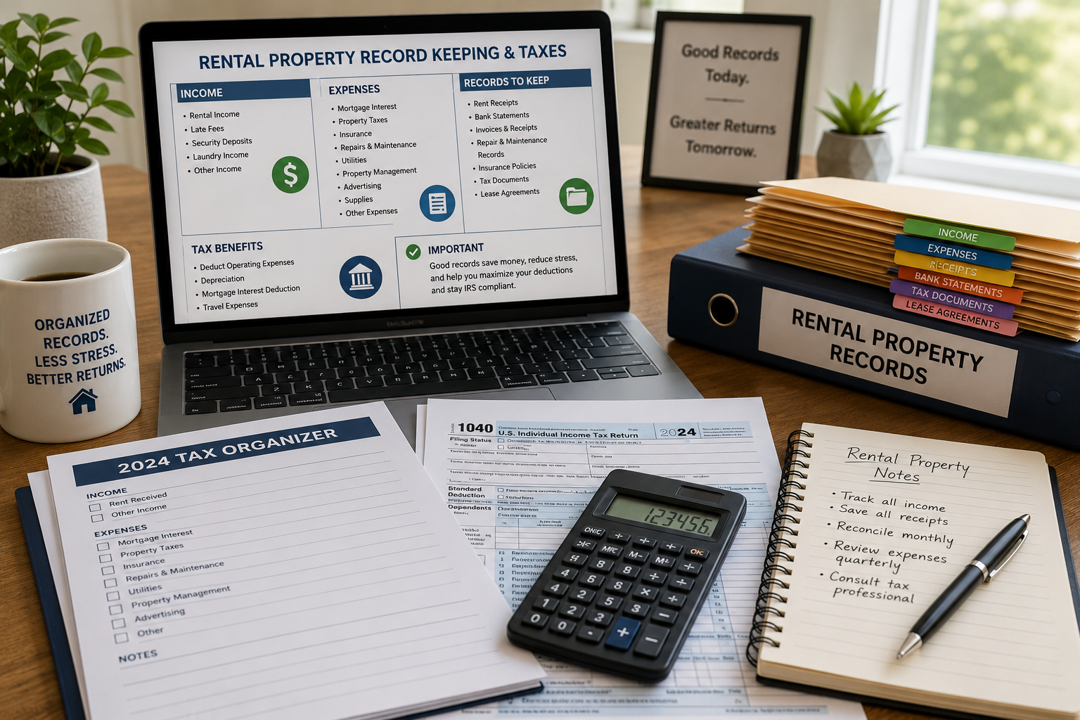 Landlord organizing rental property receipts and records for taxes
