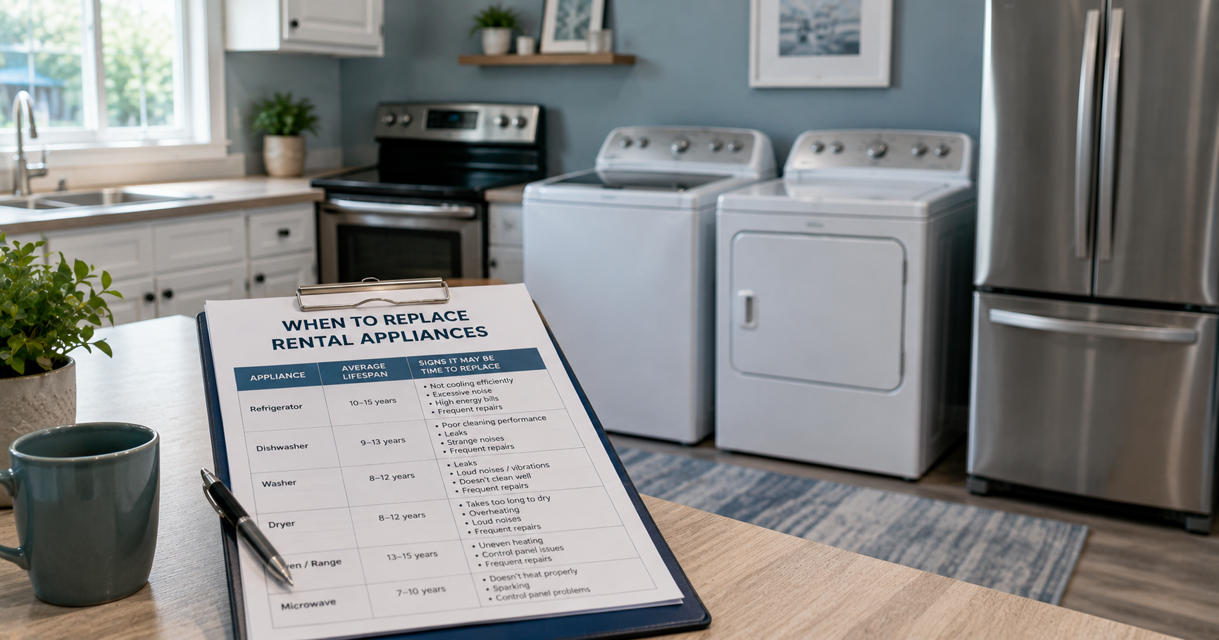Landlord comparing a new and old refrigerator in a rental unit