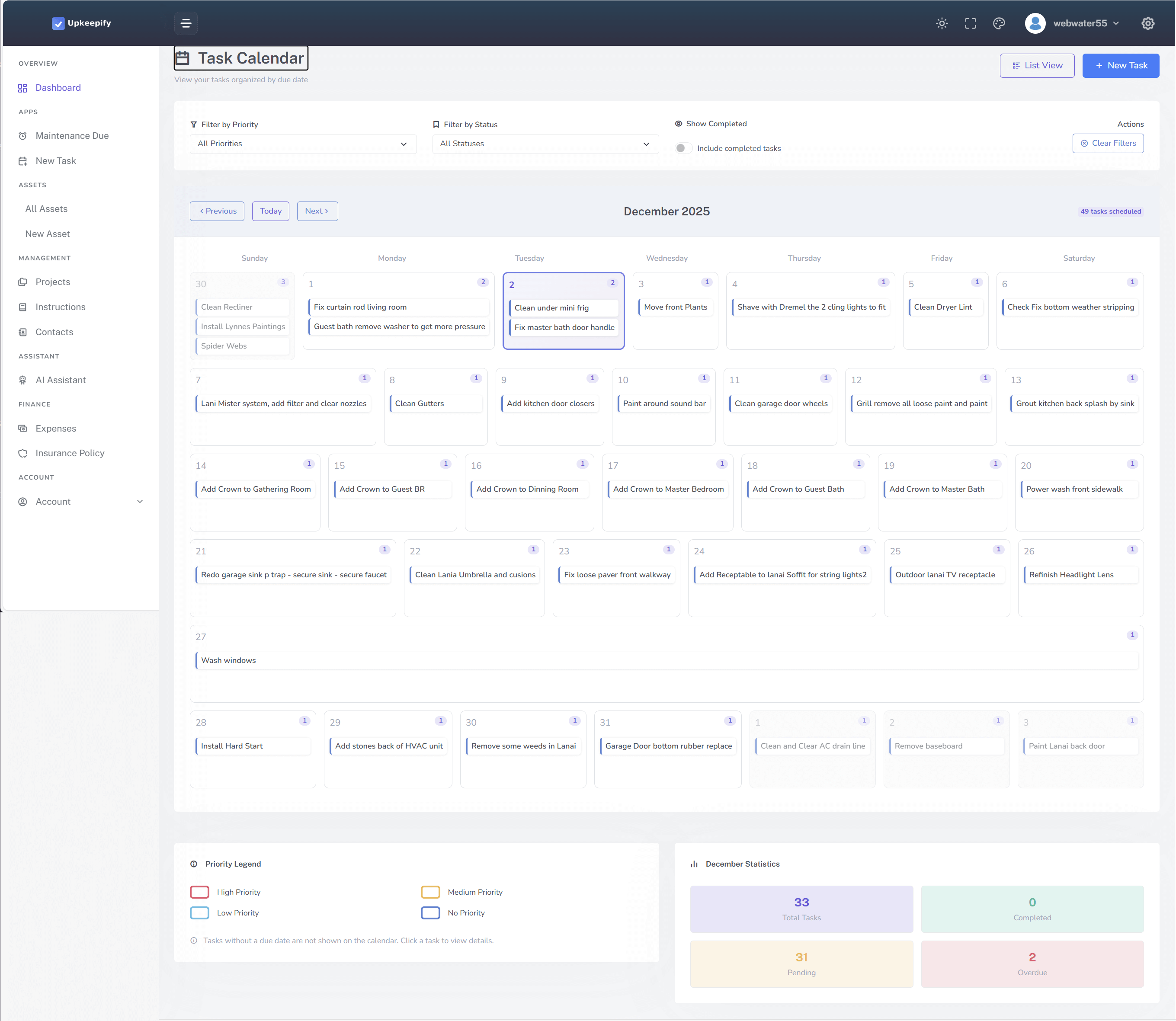 Upkeepify calendar view displaying monthly home maintenance schedule with color-coded tasks