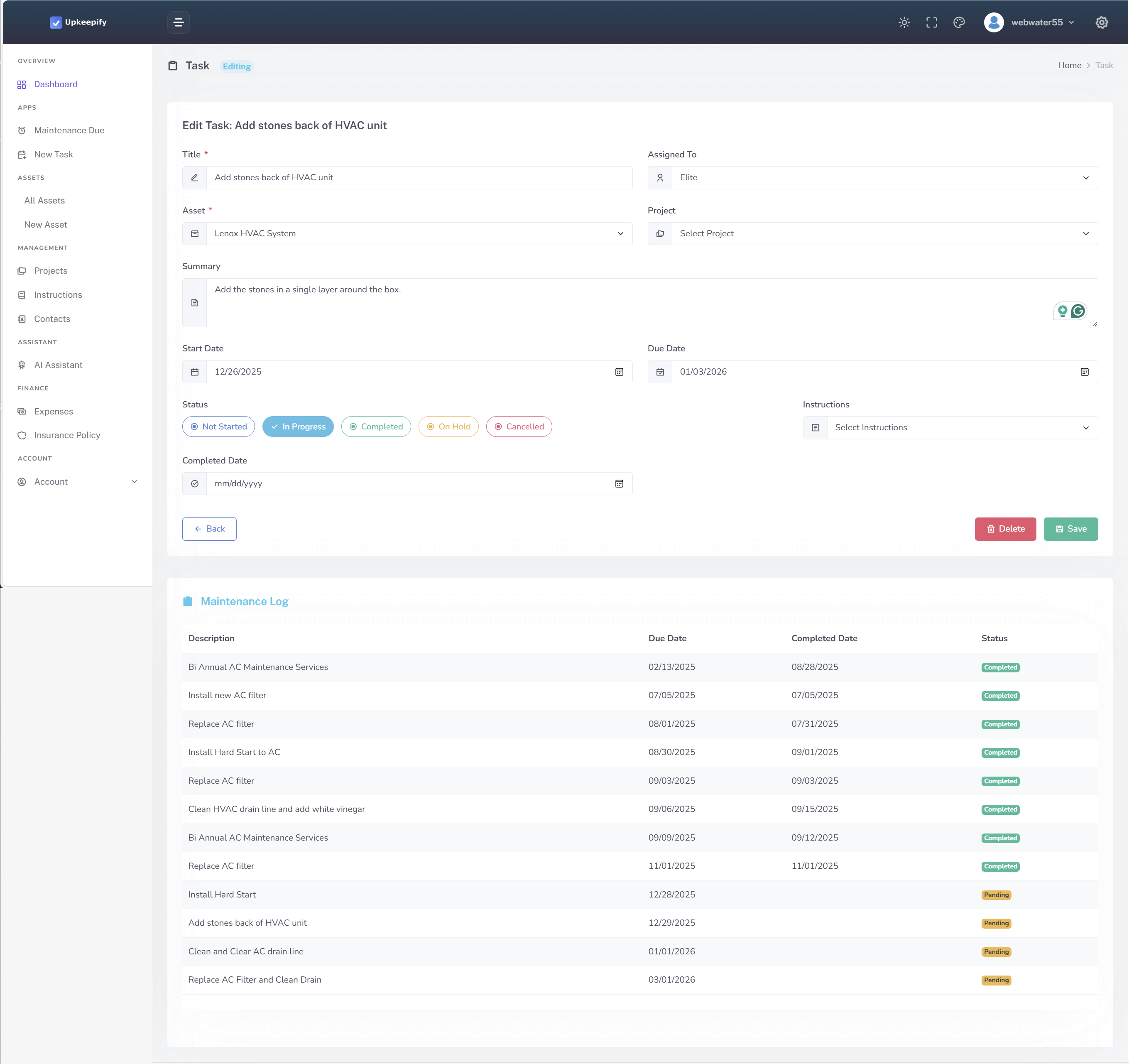 Upkeepify task detail screen showing notes, completion history, and attached maintenance receipts